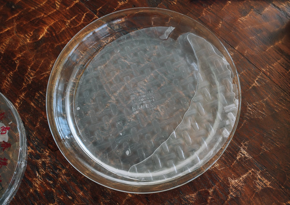 rice paper wrapper in glass pie plate with water